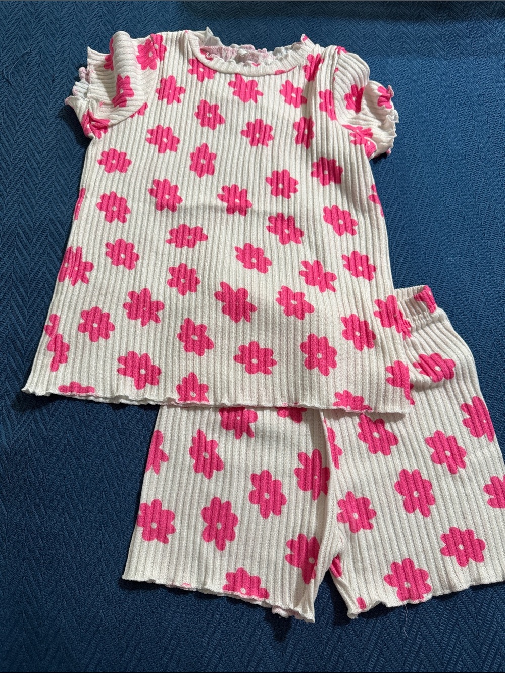 Girls White & Hot Pink Floral Ribbed matching Set